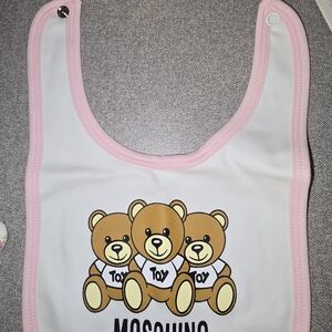 Moschino White Bib with Pink Trim and Teddy Bears